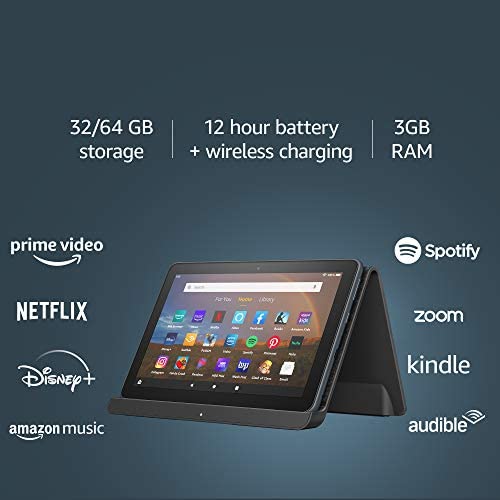 Fire HD 8 Plus tablet, HD display, 32 GB, our best 8″ tablet for portable entertainment, Slate, without lockscreen ads + Made for Amazon, Wireless Charging Dock