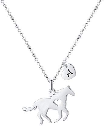 MONOOC Horse Gifts for Girls， Stainless Steel Horse Necklace for Girls Dainty Horse Pendant Heart 26 Initial Necklace Horse Jewelry for Girls Horse Gifts for Girls Women Horse Lovers Kids Jewelry