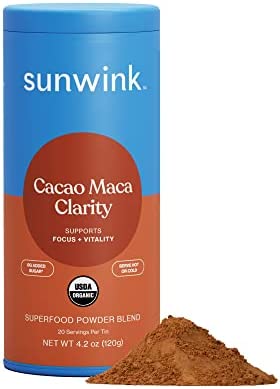 Sunwink Cacao Clarity – Superfood Mushroom Powder for Energy, Mental Clarity & Focus with Reishi, Lion’s Mane, & Organic Maca Root – Mushroom Coffee Alternative & Natural Brain Booster (20 Servings)