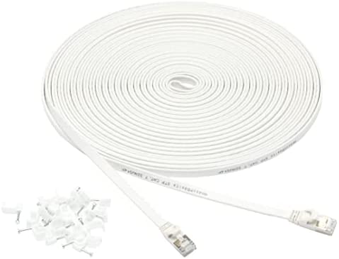 Amazon Basics Cat 7 Gigabit Ethernet Patch Internet Cable, Flat – 50FT, 1Pack, White – Include 20 Nails