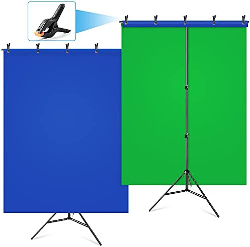 Hemmotop Green Screen Backdrop with Stand Kit 5×6.5ft for Zoom, 2-in-1 Reversible Blue Screen and Green Screen with Portable T-Shaped Background Support Stand, 5 x Backdrop Clip