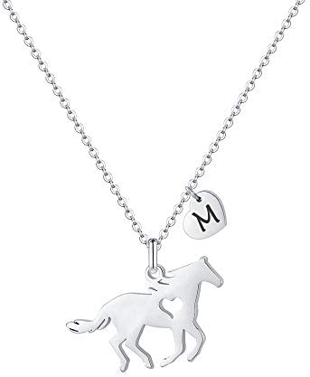 MONOOC Horse Gifts for Girls， Stainless Steel Horse Necklace for Girls Dainty Horse Pendant Heart 26 Initial Necklace Horse Jewelry for Girls Horse Gifts for Girls Women Horse Lovers Kids Jewelry