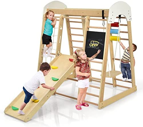 Costzon 8-in-1 Climbing Toys for Toddlers, Kids Indoor Playground Jungle Gym with Slide, Climbing Rock/Net, Monkey Bars, Drawing Board, Abacus Game and Swing, Wooden Climber Playset for Kids (Natural)