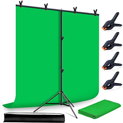 Faichee Green Screen Backdrop with Stand Kit 5 X 6.5ft, Portable Green Screen Stand with Chromakey GreenScreen Background and 4 Spring Clips for Streaming, Gaming, Zoom, Video