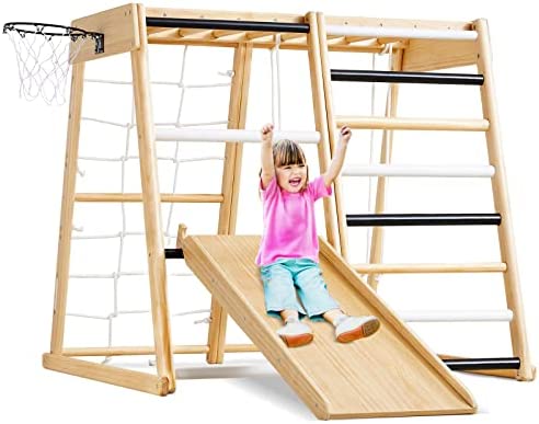 Beright 8-in-1 Kids Indoor Playground, Jungle Gym for Toddlers, Wooden Climbing Toys Playset with Slide, Climbing Wall, Swing, Rope Climber, Monkey Bars, Ladder, Basketball Hoop, Age 3-6
