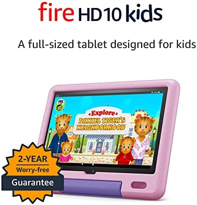Amazon Fire HD 10 Kids tablet, ages 3-7. Top-selling 10″ kids tablet on Amazon – 2022. A bigger screen and faster performance tablet for kids, Lavender