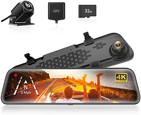 WOLFBOX G840S 12″ 4K Mirror Dash Cam Backup Camera, 2160P Full HD Smart Rearview Mirror for Cars & Trucks, Front and Rear View Dual Cameras, Night Vision, Parking Assistance, Free 32GB Card & GPS