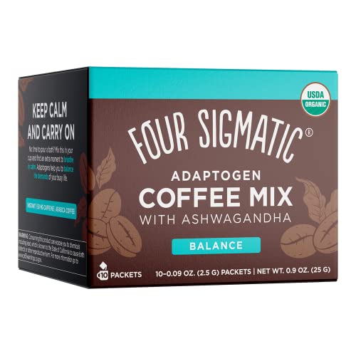 Four Sigmatic Adaptogen Organic Medium Roast Instant Coffee with Ashwagandha, Chaga & Tulsi, Immune Support & Stress Relief, Keto, Multicolored, 0.09 Oz, Pack of 10