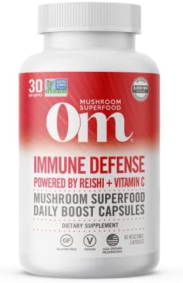 Om Mushroom Superfood Immune Defense Mushroom Capsules Superfood Supplement, 90 Count, 30 Days, Mushroom Blend, Reishi, Turkey Tail, Maitake, Agaricus Blazei, Vitamin C, Vegan