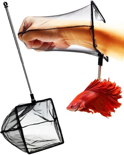 Aquarium Betta Fish Net Protect Delicate Fin, Soft Fine Deep Mesh Scooper w/ Sturdy Extendable 7~14 Inch Stainless Steel Long Handle for Shrimp Fish Tank Small Pond & Pool