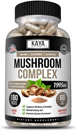 Kaya Naturals Premium Mushroom Complex Potent | Organic Mushroom Supplement| Mushroom Complex Capsules 1995mg Per Serving – Aids Mental Clarity Supports Immune System, Wellness & Vitality | 180 Count