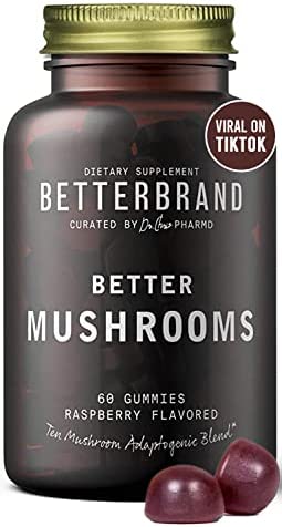 Betterbrand BetterMushrooms Mushroom Gummies to Support Gut Health, Metabolism, Energy, Focus – Lion’s Mane, Cordyceps, Chaga & Maitake Mushroom Supplement – Maintains Healthy Immune System