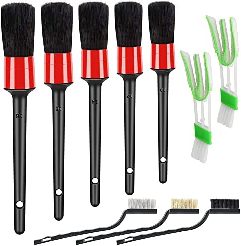 HMPLL 10pcs Auto Car Detailing Brush Set Car Interior Cleaning Kit Includes 5 Boar Hair Detail Brush,3 Wire Brush, 2 Air Vent Brush for Cleaning Car Interior Exterior, Dashboard Engines Leather Wheel