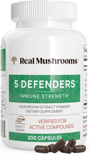 Real Mushrooms 5 Defenders Capsules – Organic Mushroom Extract w/ Chaga, Shiitake, Maitake, Turkey Tail, & Reishi – Mushroom Supplement for Brain, Focus, & Immune Support – Vegan, Non-GMO, 200 Caps