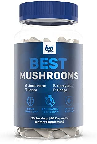 BPI Sports Best Mushrooms Supplement – Lions Mane, Reishi, Cordyceps, and Chaga Mushroom Capsules – Energy, Brain, & Immune Support Supplement – 30 Day Supply, White