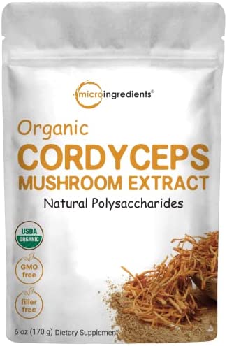 Sustainably US Grown, Organic Cordyceps Mushroom Extract Powder 100:1, 6 Ounce, 30% Polysaccharides and Cordycepic Acid, From Fruit Body and Mycelium, Supports Energy & Immune Health