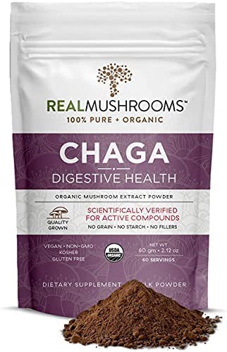 Real Mushrooms Organic Chaga Mushroom Powder (60 Servings) Chaga Mushroom Supplement for Digestive Health & Immune Support – Vegan, Non-GMO Chaga Extract – Mushroom Immune Support