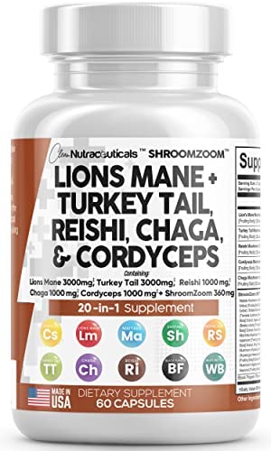 Lions Mane 3000mg 20in1 Mushroom Supplement with Turkey Tail 2000mg Reishi 1000mg Cordyceps Chaga 1000mg Maitake Meshima Poria Cocos Shiitake Oyster Porcini Enoki Cognitive, Energy, Focus Pills USA