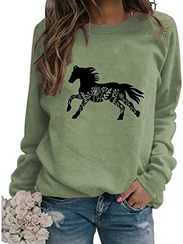 Horse Sweatshirts for Women, Long Sleeve Floral Horse Print Crew Neck Sweatshirt Casual Loose Pullover Tops Farm