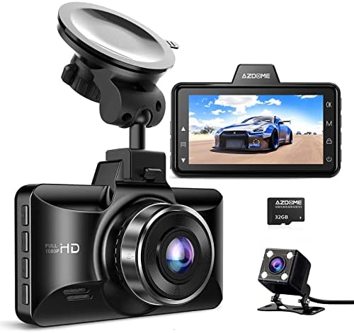 AZDOME Dual Dash Cam Front and Rear, 3 inch 2.5D IPS Screen Car Driving Recorder, 1080P FHD Dashboard Camera, Waterproof Backup Camera Night Vision, Park Monitor, G-Sensor, for Car Taxi with 32GB Card