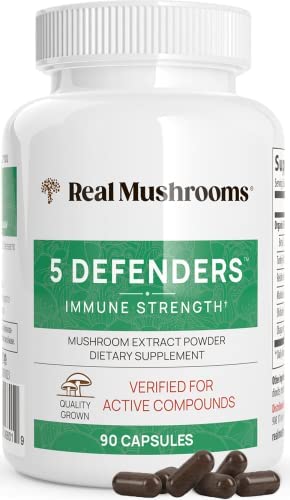 Real Mushrooms 5 Defenders Capsules – Organic Mushroom Extract w/Chaga, Shiitake, Maitake, Turkey Tail, & Reishi – Mushroom Supplement for Brain, Focus, & Immune Support – Vegan, Non-GMO, 90 Caps