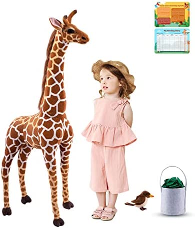 BRINJOY Giant Giraffe Stuffed Animal Set, 47 Inch Large Plush Giraffe Toy with Bird&Basket&Leaves&Card, Big Lifelike Standing Giraffe for Girls Boys