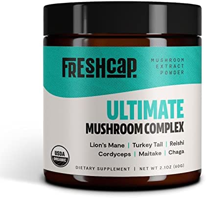 FreshCap – Ultimate Mushroom Complex – Pure Extract Powder – USDA Organic – Lions Mane, Reishi, Cordyceps, Chaga, Turkey Tail, Maitake -60g- Supplement – Add to Coffee– Real Fruiting Body–No Fillers