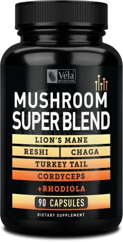 Véla Mushroom Super Blend – Brain Supplement for Focus, Memory, Clarity, Energy – Contains Reishi, Lion’s Mane, Cordyceps, Turkey Tail, and Chaga Mushrooms – 90 Capsules