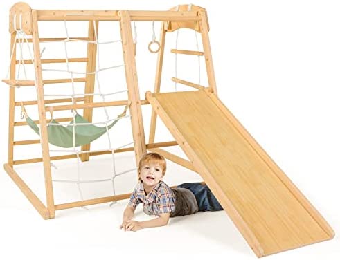 Ogelo Indoor Playground Toddler Wood Toys Playset 7-in-1 with Jungle Gym, Triangle Climber Ramp, Slide, Swing, Swedish Ladder, Monkey Bars, Rope Ladder, Rock Wall Dome (Manual Version)