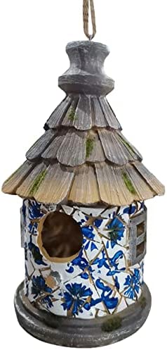 OUSHUAI Bird House for Outdoor with Pole Garden Decor Hanging Birdhouses Weatherproof BirdNest for Outside Bluebird, Finch, Wren, Chickadee, Wild Birds Big Size Resin White Bule