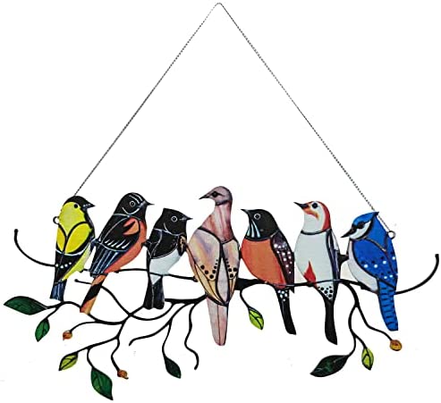 BINGLALA Multicolor Birds On-A-Wire, Metal Bird Series Art Ornaments Pendant Hanging for Windows or Doors Home Decoration, Gifts for Bird Lovers（7 Birds）