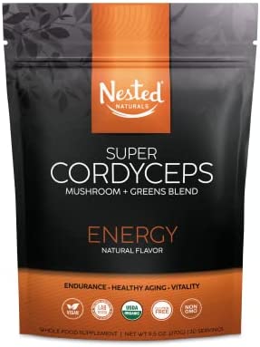 Nested Naturals Super Cordyceps Energy, 1000 mg Cordyceps Mushrooms Plus Greens Powder with Chlorella, Probiotics, and Digestive Enzymes, 100% USDA Organic Non-GMO Vegan Supplement, 30 Servings