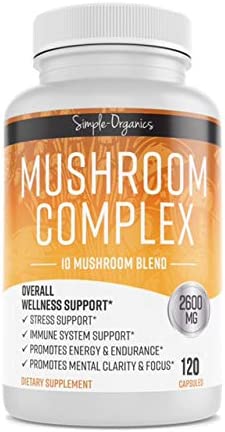 Simple-Organics Mushroom Complex, 10 Mushroom Blend for Energy and Immune Support, with Organic Lion’s Mane, Cordyceps, Reishi, Chaga, Maitake, Shiitake, Enoki, 2600mg per Serving, 120 Vegan Capsules