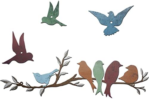 Ferraycle Metal Bird Wall Art Birds on The Branch Wall Decor Leaves with Birds Metal Sculpture Bird Silhouette Metal Ornament Branch Wall Hanging Sign for Balcony Garden Decor (Cute Colors)