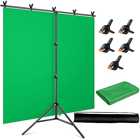YAYOYA Green Screen Backdrop with Stand Kit 5×6.5ft, Portable Chromakey Green Screen Stand with Carrying Bag and 5 Spring Clamps, Greenscreen T-Shaped Background Stand for Streaming,Video Gaming,Zoom