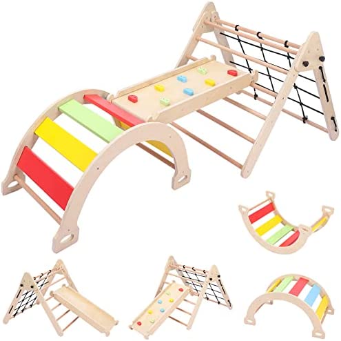 Toddler Indoor Gym Playset, 5-in-1 Wooden Climbing Toys, Triangle Folding Climbing for Climbing & Sliding for Boys and Girls,18M+