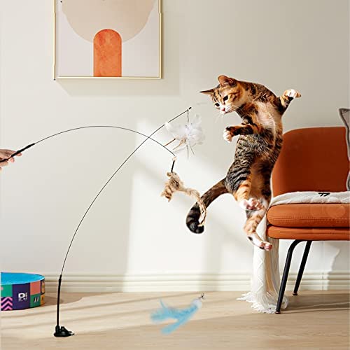 Cat Toy Wand Auto Interactive Cat Toys for Indoor Cat 6 in 1 Hands-Free Natural Bird Feather Ball Toys, Suction Cup Pet Indoor Dancing Playing Toy