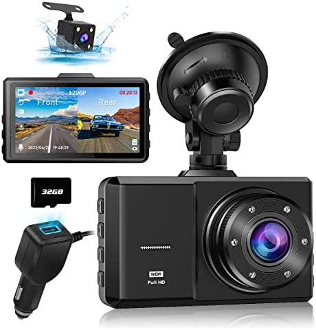 Dash Cam Front and Rear, SPADE Dual Dash Camera 1080P with 32G SD Card, Waterproof Backup Camera, DVR Car Dashboard Camera 1296P with Night Vision WDR G-Sensor Parking Monitor Loop Recording[Up-Grade]