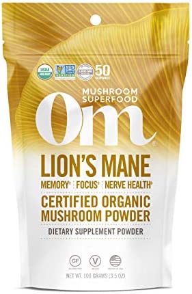 Om Mushroom Superfood Lion’s Mane Organic Mushroom Powder, 3.5 Ounce, 50 Servings, Fruit Body and Mycelium Nootropic for Memory Support, Focus, Clarity, Nerve Health, Creativity and Mood