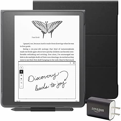 Kindle Scribe Essentials Bundle including Kindle Scribe (64 GB), Premium Pen, Leather Folio Cover with Magnetic Attach – Black, and Power Adapter