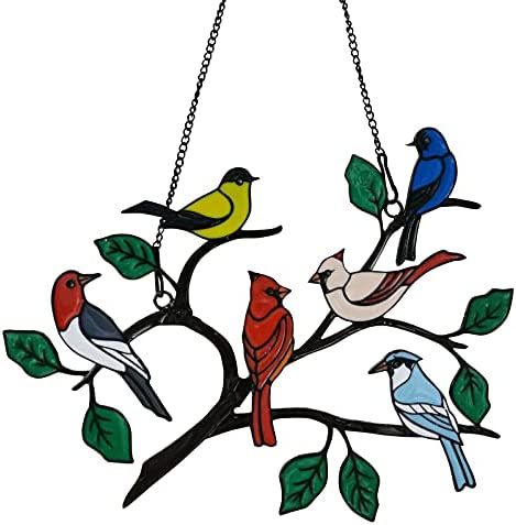 Six Birds Cardinal Gifts Stained Metal Window Hangings, Multicolor Bird On A Wire Window Panel Decor Series Ornament Home Wall Garden Decoration Bird Love Gifts