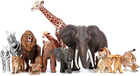 Safari Zoo Animals Figures Toys, 14 Piece Realistic Jungle Animal Figurines, African Wild Plastic Animals with Lion, Elephant, Giraffe Educational Learning Playset for Toddlers, Kids, Children