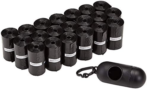 Amazon Basics Unscented Standard Dog Poop Bags with Dispenser and Leash Clip, 13 x 9 Inches, Black – 20 Rolls (300 Bags)