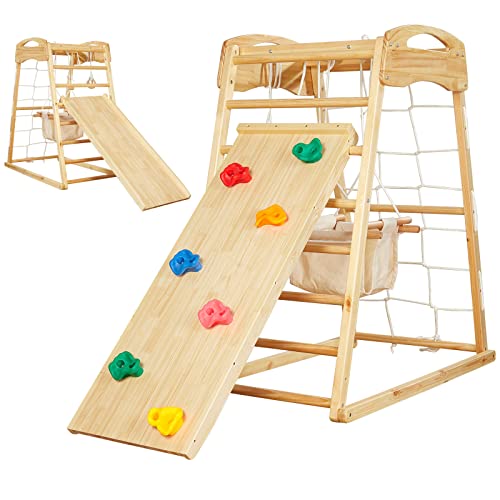 FUNLIO 7-in-1 Wood Indoor Playground for Toddlers 2-5, Montessori Climbing Toys with Solid Pine Wood, Indoor Jungle Gym for Kids with Swing/Slide/Climbing Rock/Net/Ladder/Monkey Bars/Gymnastic Rings