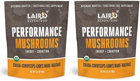 Laird Superfood Organic Performance Mushroom Blend with Chaga, Cordyceps, Lion’s Mane and Maitake for Energy and Cognition, 3.17 oz. Bag, Pack of 2