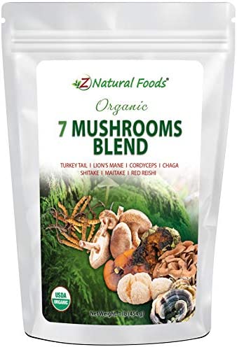 Z Natural Foods Organic 7 Mushroom Supplement with Lion’s Mane, Cordyceps, Chaga, Red Reishi, Shiitake, Maitake and Turkey Tail Mushrooms, Non-GMO Supplement – Made in USA – 1 lb