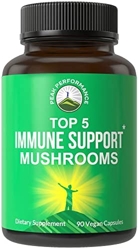 Peak Performance Top 5 Immune System Mushroom Capsules – USA Grown Made with Reishi, Chaga, Maitake, Shiitake, Turkey Tail Mushrooms. Naturally Harvested Vegan Mushroom Complex Supplement 90 Pills