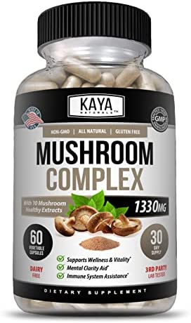 Kaya Naturals Premium Mushroom Complex Potent | Organic Mushroom Supplement| Mushroom Complex Capsules 1995mg Per Serving – Aids Mental Clarity Supports Immune System, Wellness & Vitality | 60 Count