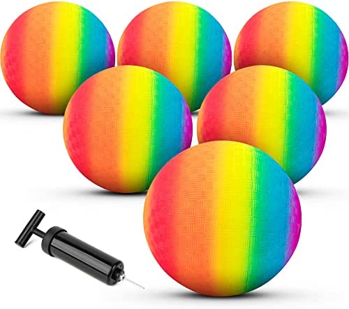 Homotte 6 Pcs Rainbow Playground Balls for Kids, 5 Inch Kickball Dodgeball Handball Set for Indoor & Outdoor Activities with Hand Pump