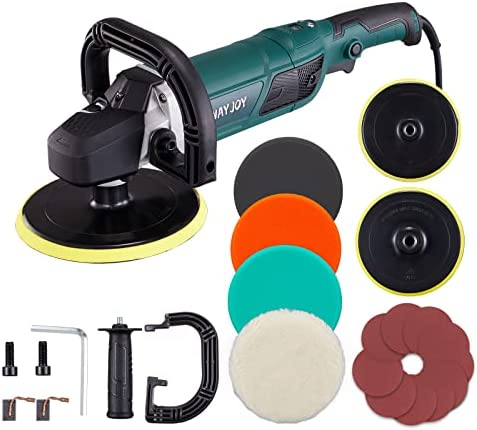 Buffer Polisher, Wayjoy 12.5A 1500W Rotary Car Polisher, 6-Speed Buffer Waxer with 6” and 7“ Backing Plate, Buffer Polisher with D & Side Handle and LCD Display, 4 Foam Pads